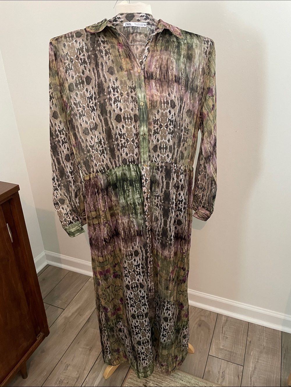 Zara Olive Green and Taupe Printed Maxi Shirt Dress